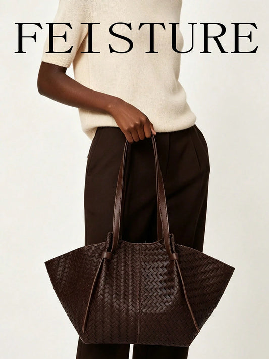 FEISTURE 1pc, Vintage Large Capacity Woven Fan-Shaped Tote Bag, Solid Color Women's Shoulder Bag, Suitable For Girls, Women, College Students, New Professionals And White-Collar Workers, Perfect For W
