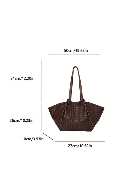 FEISTURE 1pc, Vintage Large Capacity Woven Fan-Shaped Tote Bag, Solid Color Women's Shoulder Bag, Suitable For Girls, Women, College Students, New Professionals And White-Collar Workers, Perfect For W