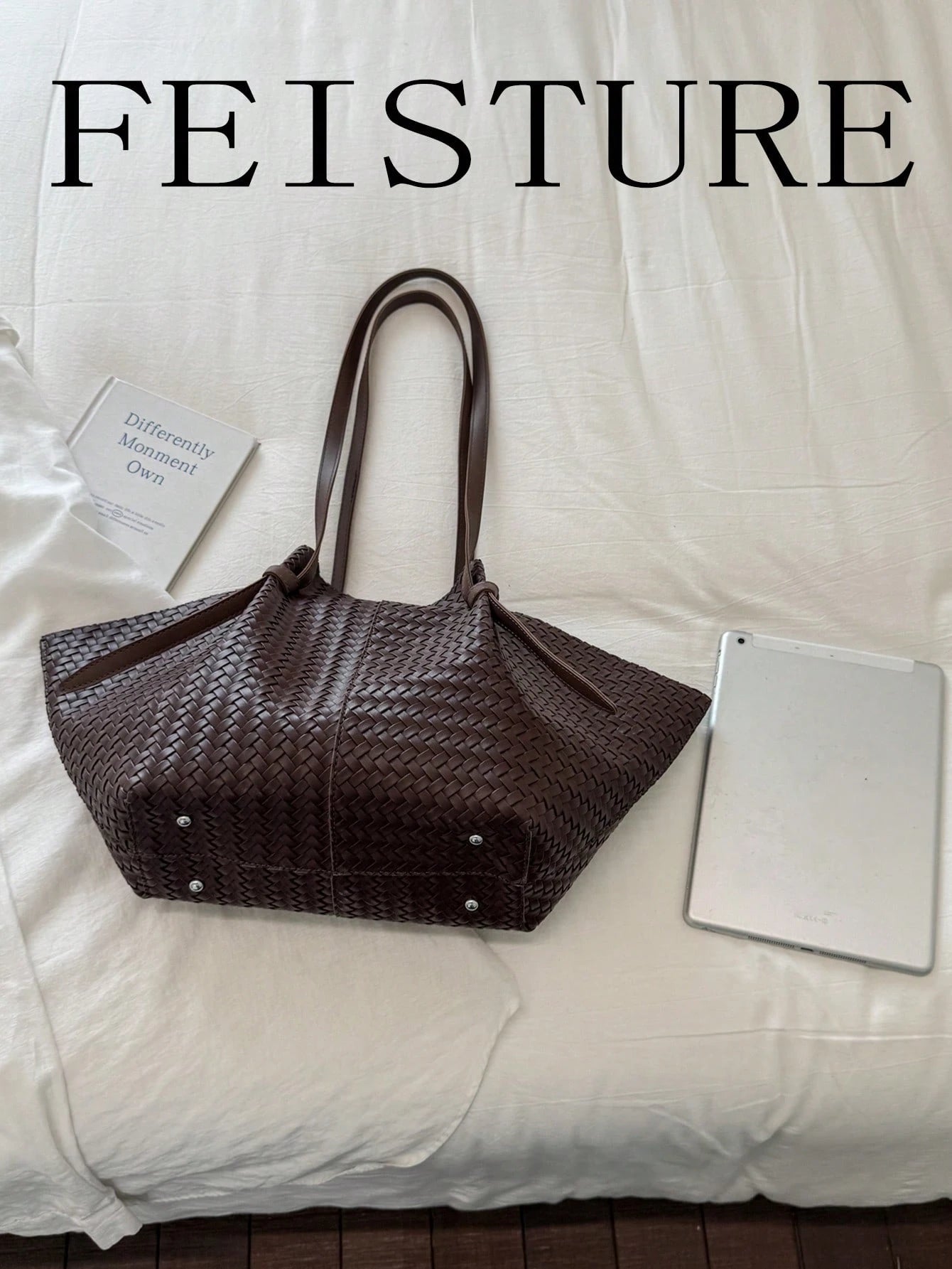 FEISTURE 1pc, Vintage Large Capacity Woven Fan-Shaped Tote Bag, Solid Color Women's Shoulder Bag, Suitable For Girls, Women, College Students, New Professionals And White-Collar Workers, Perfect For W