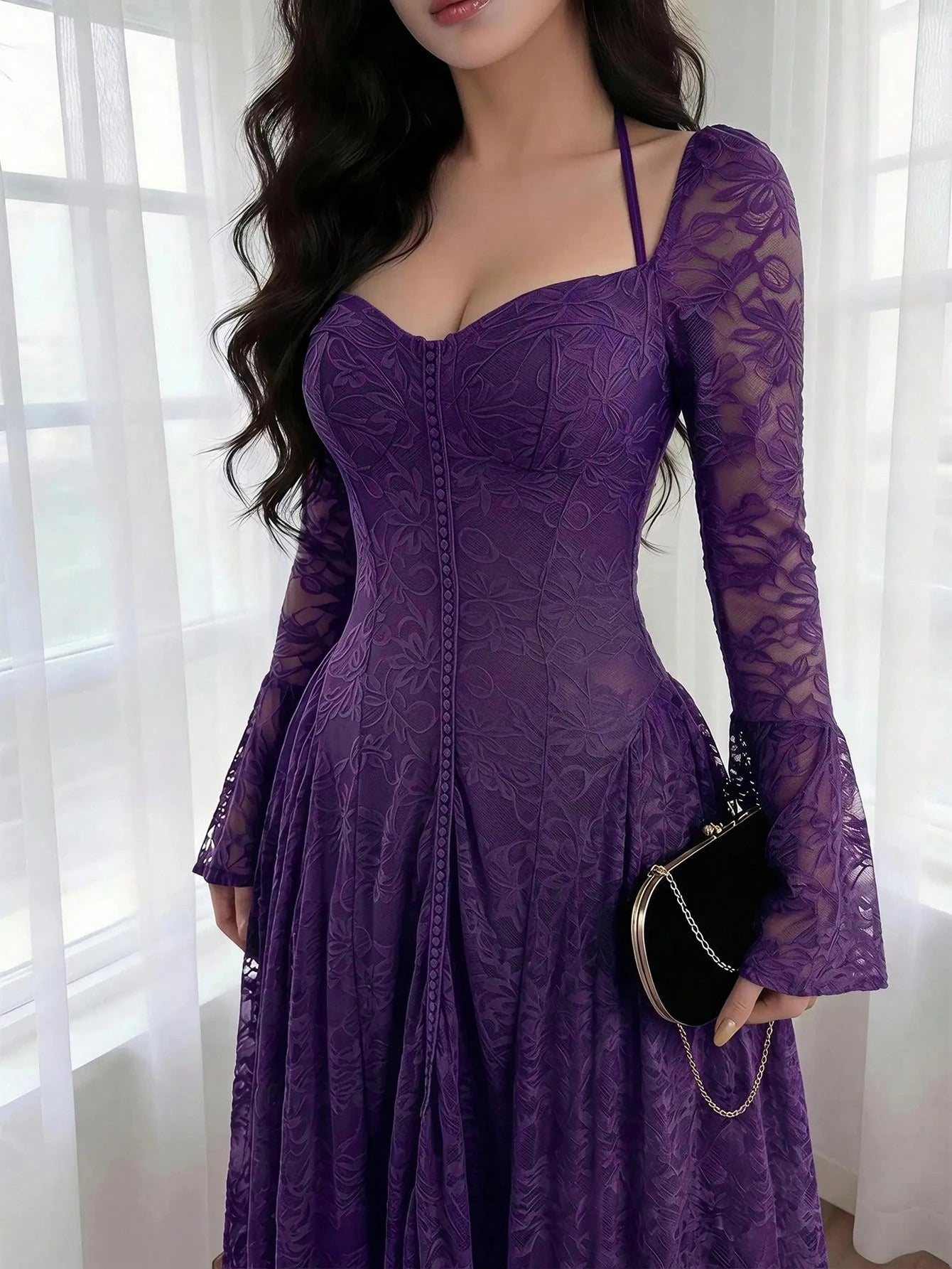 Feyla Elegant Women's Purple Midi Lace Dress Sweetheart Neck Bell Sleeve Formal Party Gown