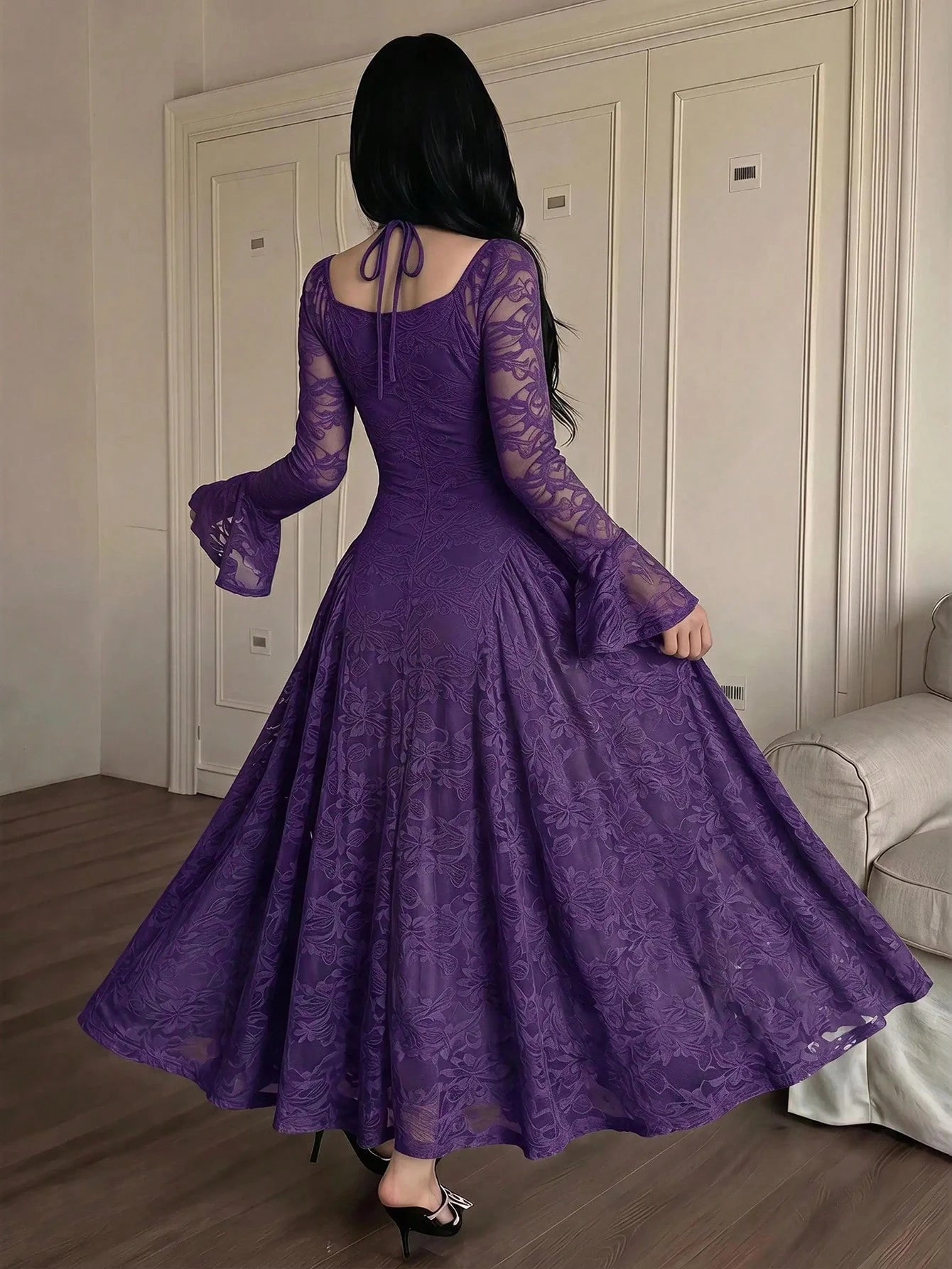 Feyla Elegant Women's Purple Midi Lace Dress Sweetheart Neck Bell Sleeve Formal Party Gown