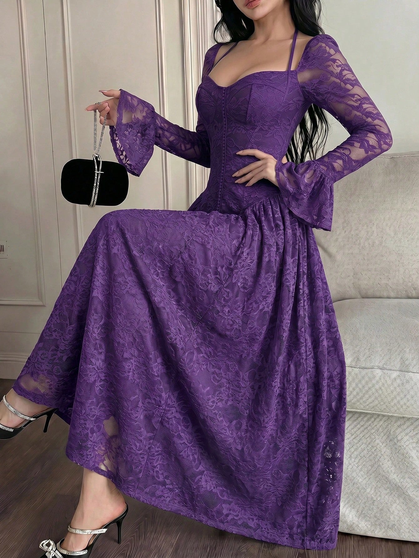Feyla Elegant Women's Purple Midi Lace Dress Sweetheart Neck Bell Sleeve Formal Party Gown