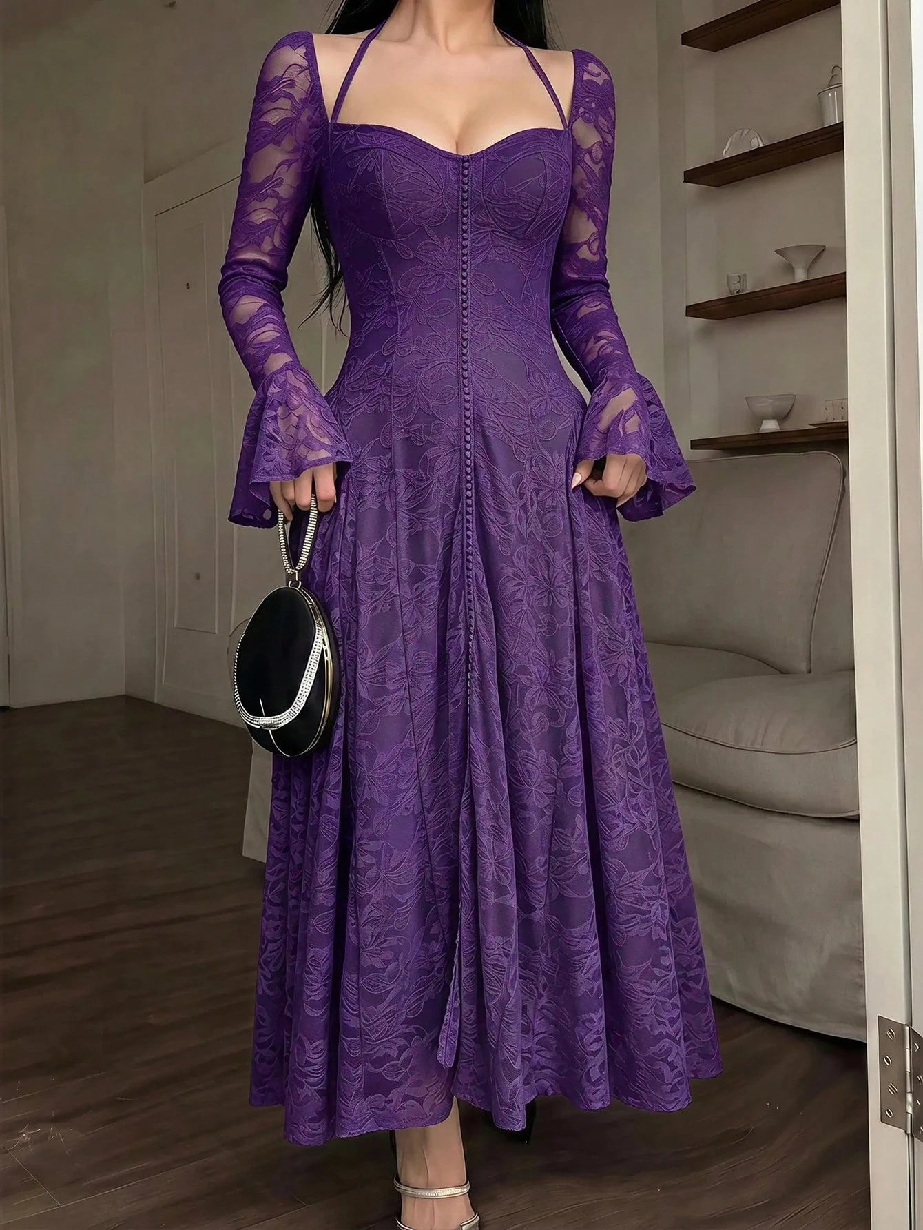 Feyla Elegant Women's Purple Midi Lace Dress Sweetheart Neck Bell Sleeve Formal Party Gown