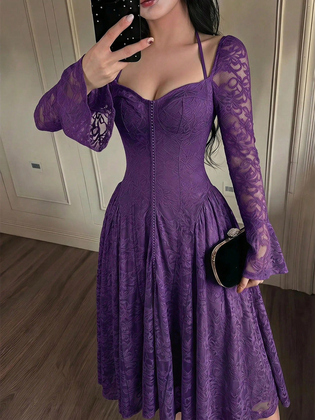 Feyla Elegant Women's Purple Midi Lace Dress Sweetheart Neck Bell Sleeve Formal Party Gown
