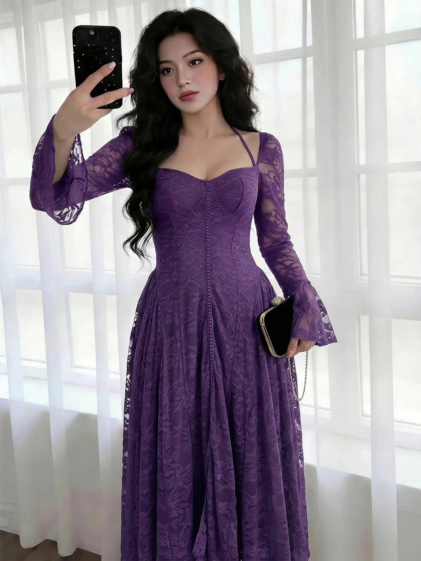 Feyla Elegant Women's Purple Midi Lace Dress Sweetheart Neck Bell Sleeve Formal Party Gown