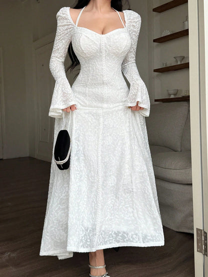 Feyla Elegant Women's Purple Midi Lace Dress Sweetheart Neck Bell Sleeve Formal Party Gown