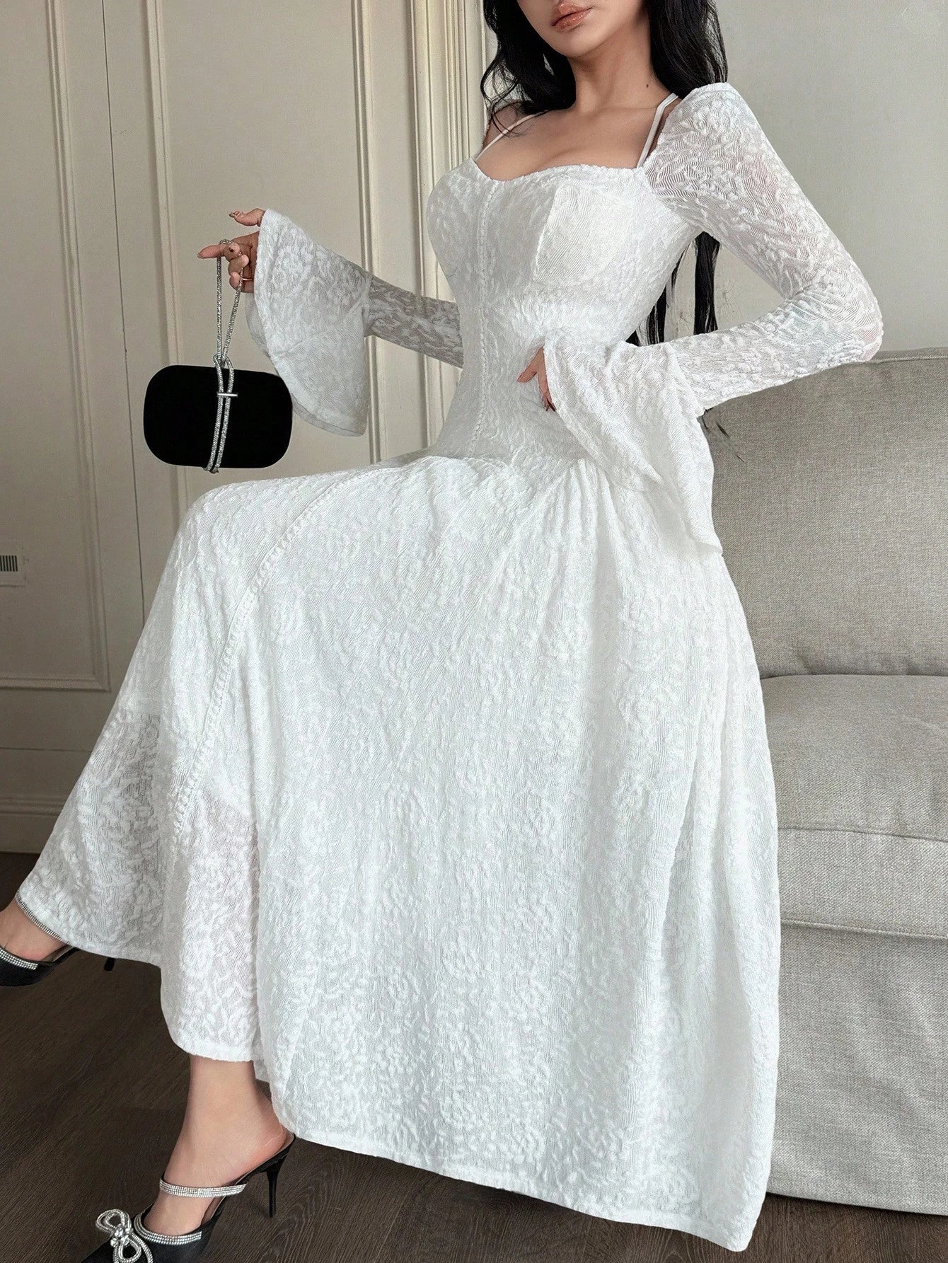 Feyla Elegant Women's Purple Midi Lace Dress Sweetheart Neck Bell Sleeve Formal Party Gown