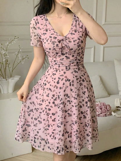 Feyla Women's Elegant Cute Leopard Print V-Neck Ruched Waist Vacation Dress, Summer Party Pink Leopard Print