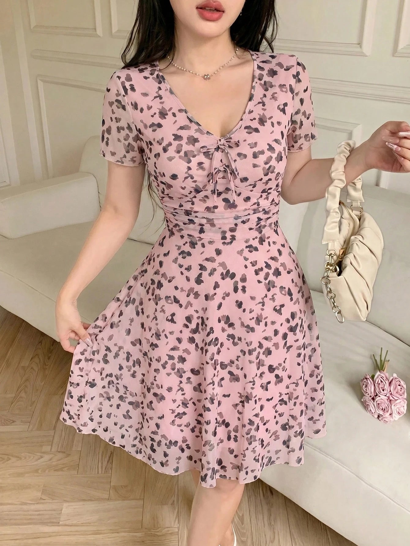 Feyla Women's Elegant Cute Leopard Print V-Neck Ruched Waist Vacation Dress, Summer Party Pink Leopard Print