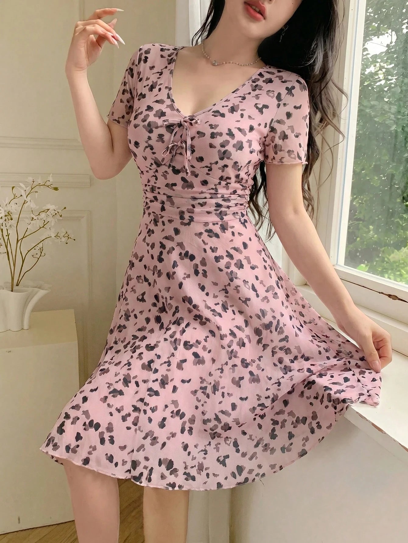 Feyla Women's Elegant Cute Leopard Print V-Neck Ruched Waist Vacation Dress, Summer Party Pink Leopard Print