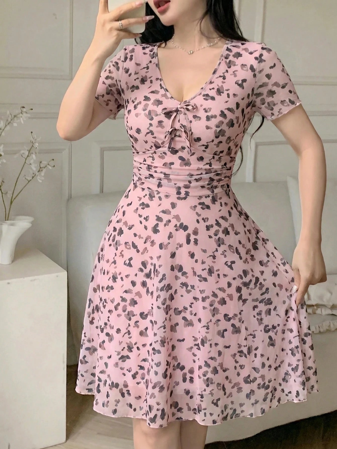 Feyla Women's Elegant Cute Leopard Print V-Neck Ruched Waist Vacation Dress, Summer Party Pink Leopard Print