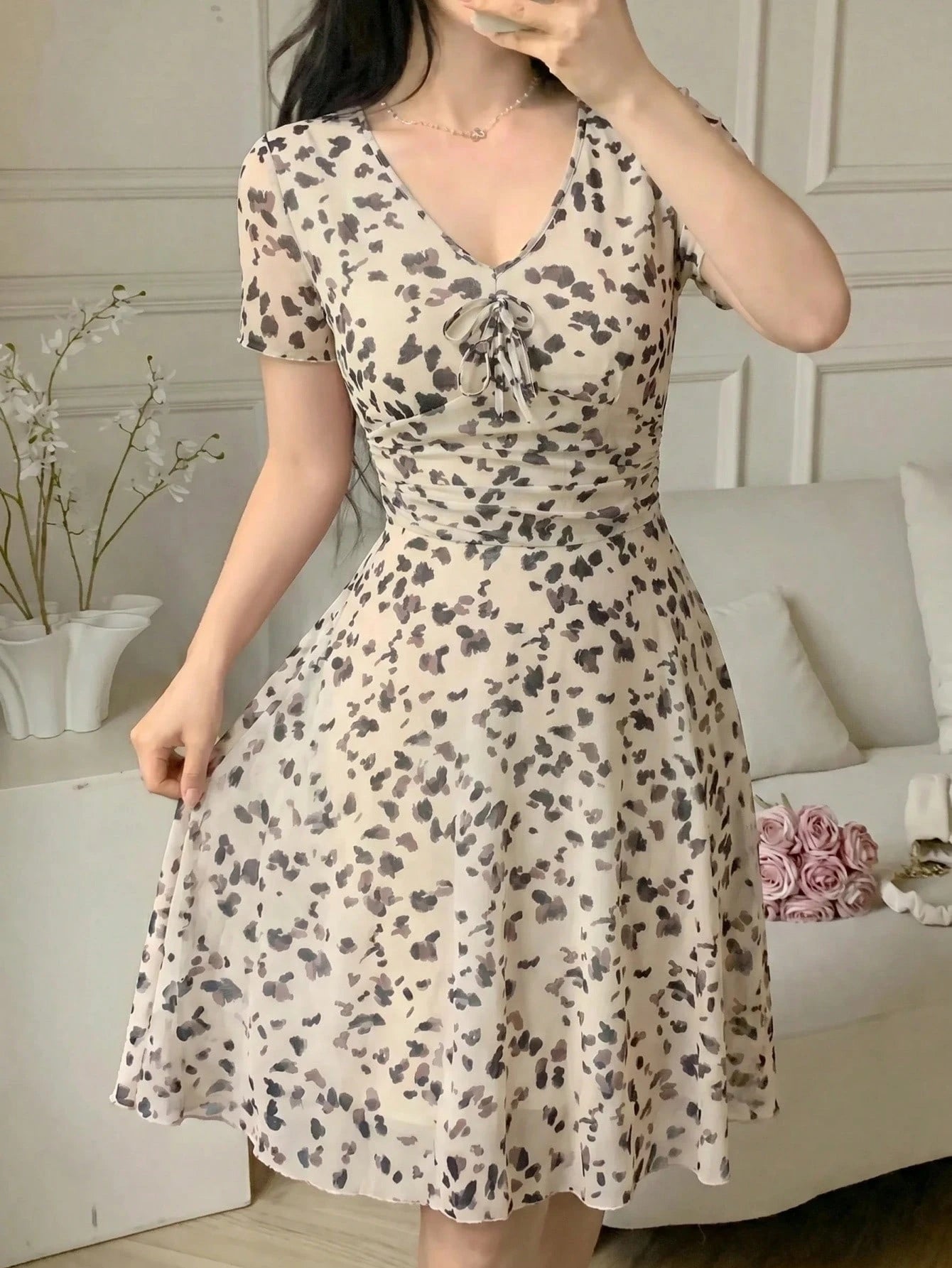 Feyla Women's Elegant Cute Leopard Print V-Neck Ruched Waist Vacation Dress, Summer Party Pink Leopard Print