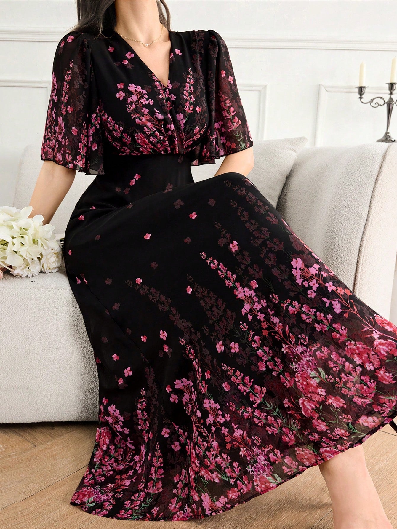 Feyla Women's Floral Print Ruffle Hem Dress With Short Sleeves, Elegant Romantic Wedding Vacation Black Floral Summer