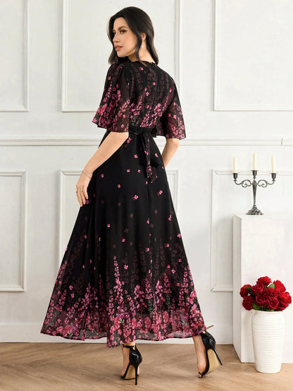 Feyla Women's Floral Print Ruffle Hem Dress With Short Sleeves, Elegant Romantic Wedding Vacation Black Floral Summer