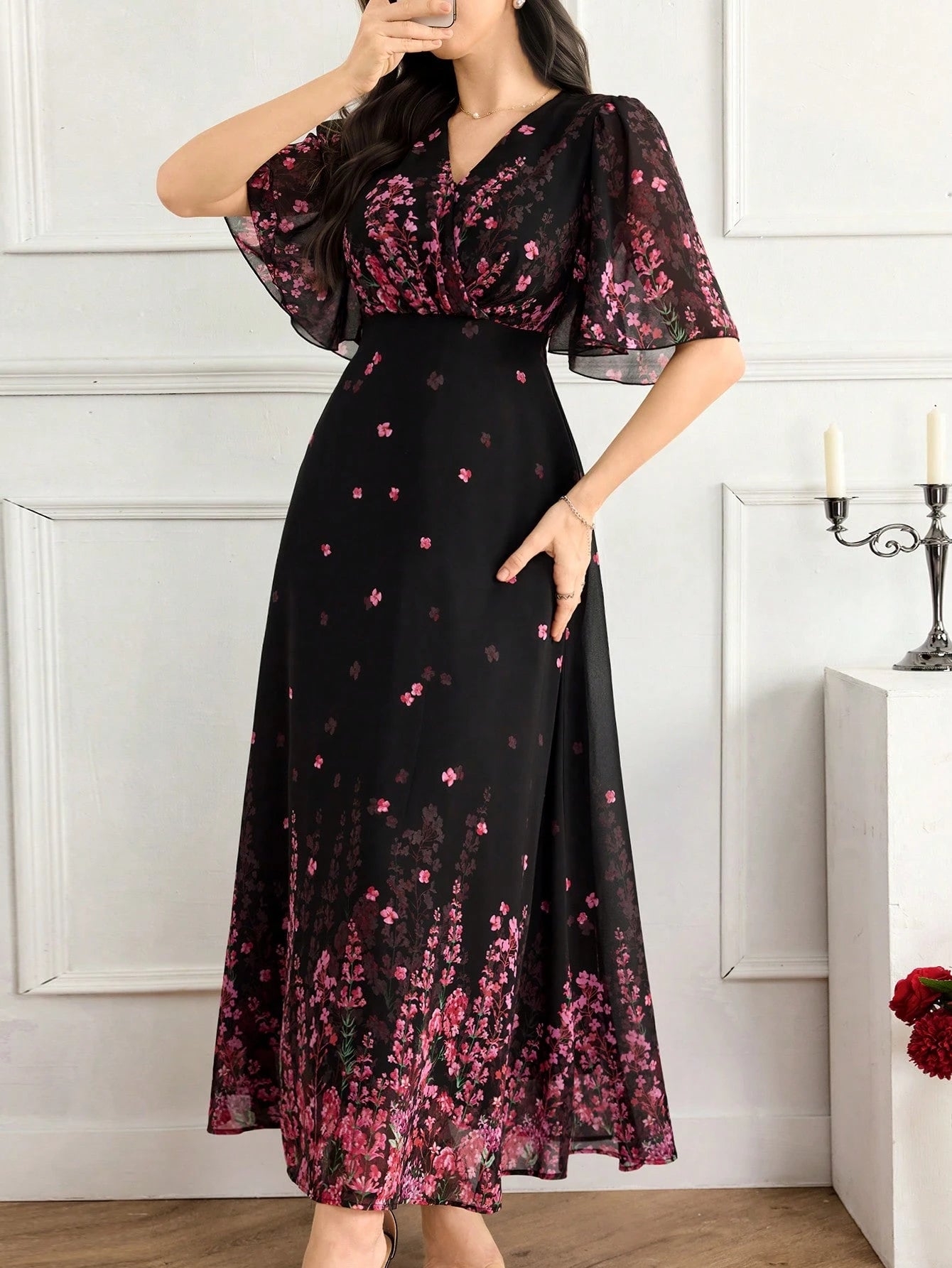 Feyla Women's Floral Print Ruffle Hem Dress With Short Sleeves, Elegant Romantic Wedding Vacation Black Floral Summer