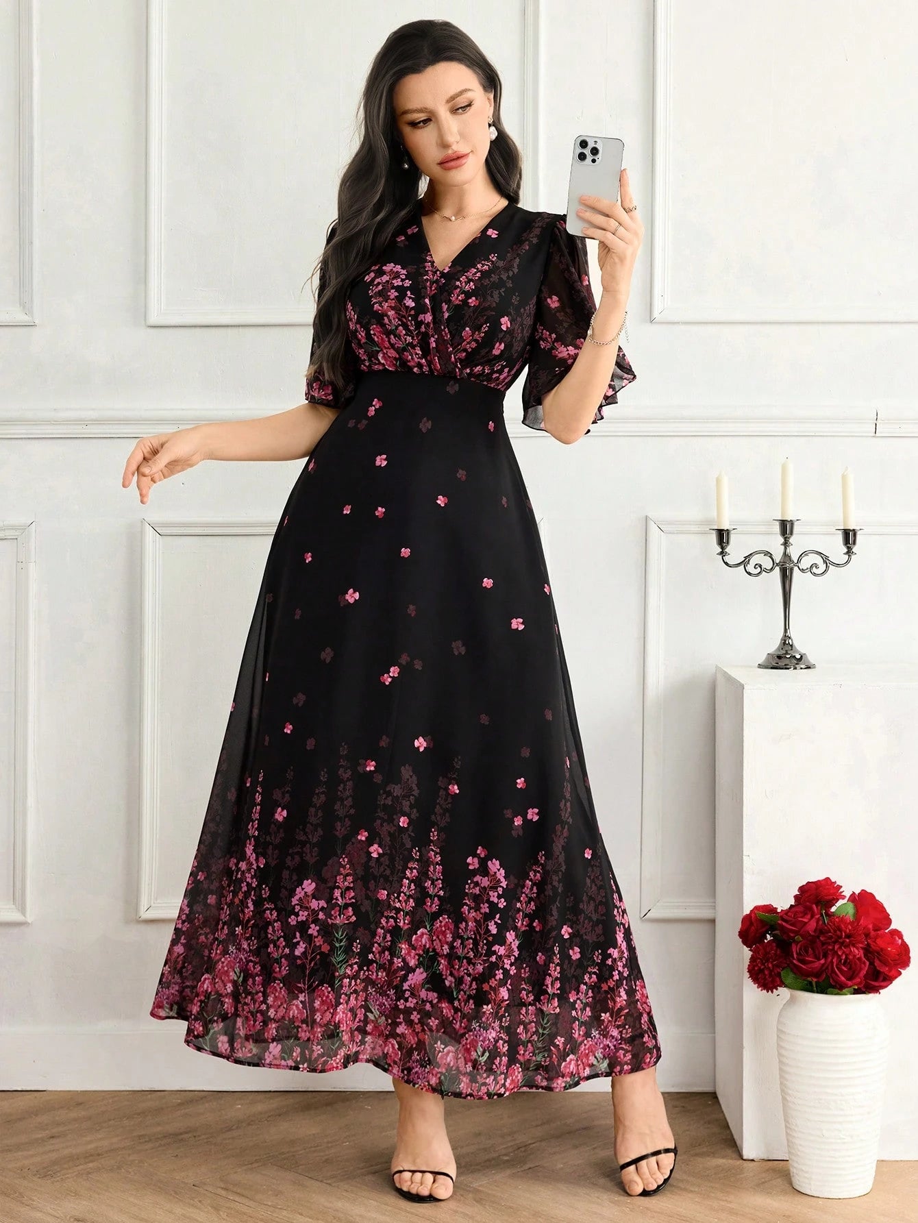 Feyla Women's Floral Print Ruffle Hem Dress With Short Sleeves, Elegant Romantic Wedding Vacation Black Floral Summer