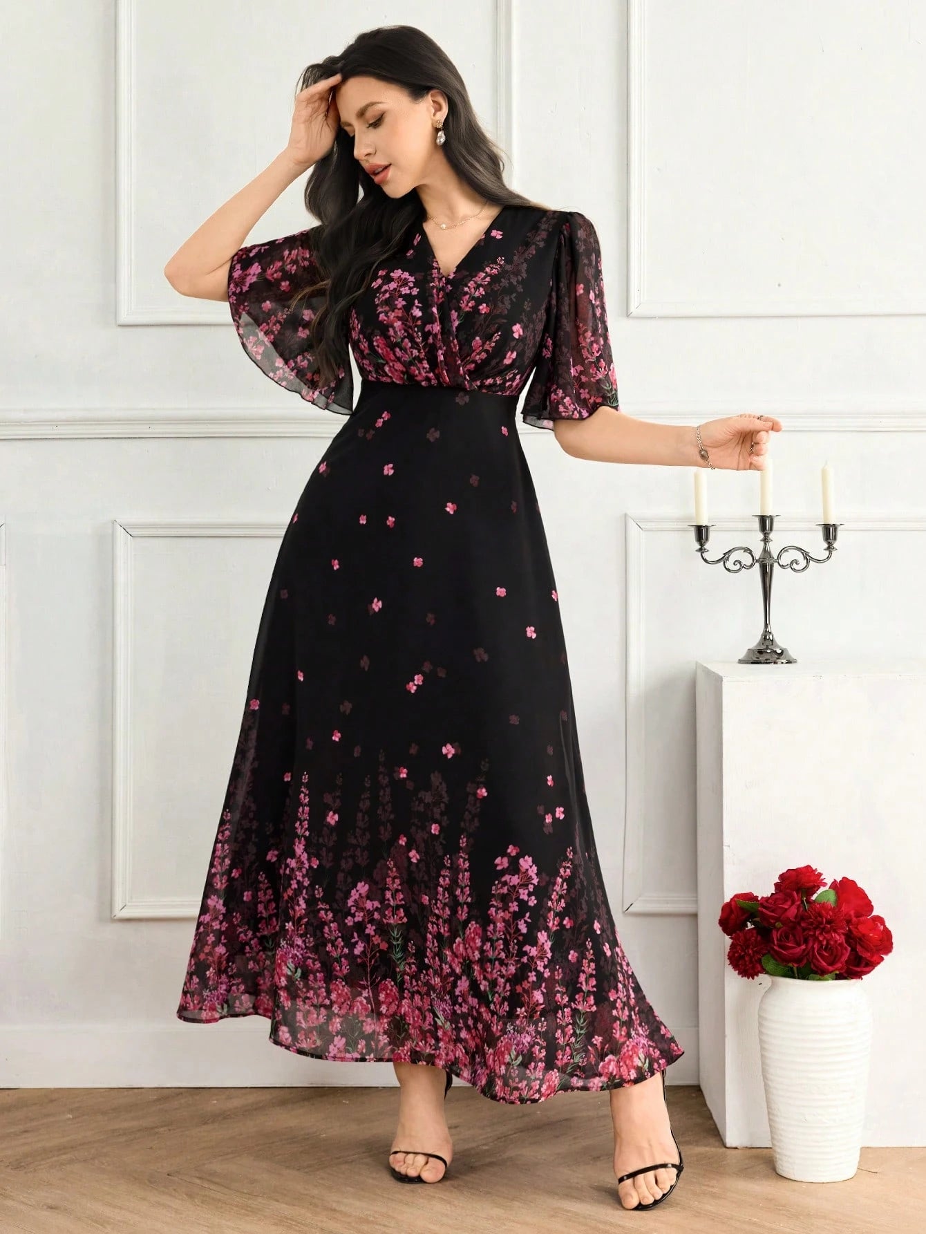 Feyla Women's Floral Print Ruffle Hem Dress With Short Sleeves, Elegant Romantic Wedding Vacation Black Floral Summer
