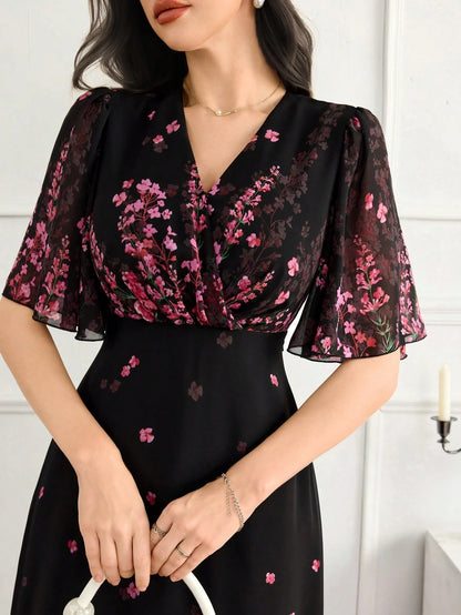 Feyla Women's Floral Print Ruffle Hem Dress With Short Sleeves, Elegant Romantic Wedding Vacation Black Floral Summer