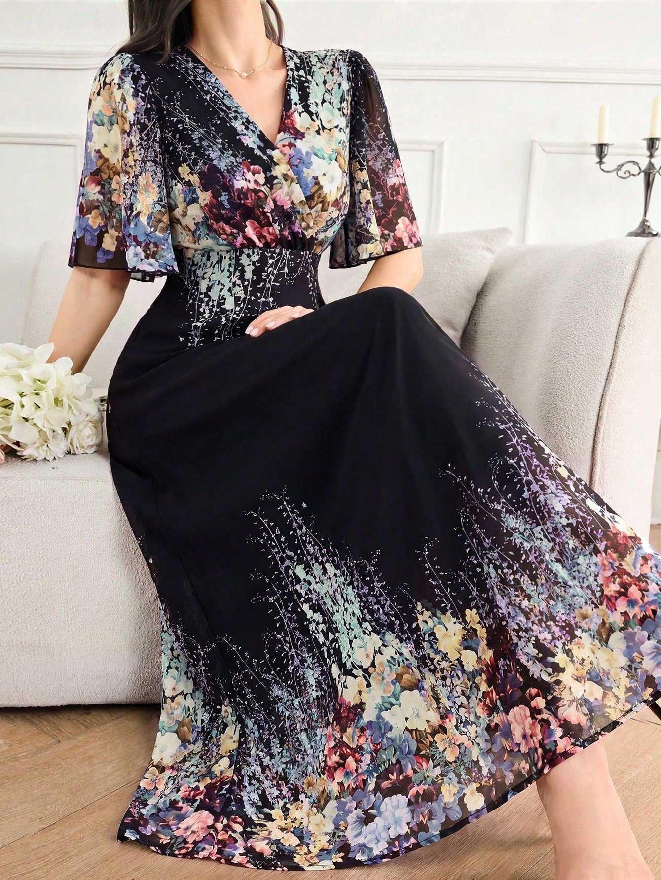 Feyla Women's Floral Print Ruffle Hem Dress With Short Sleeves, Elegant Romantic Wedding Vacation Black Floral Summer