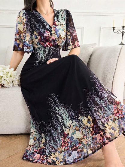 Feyla Women's Floral Print Ruffle Hem Dress With Short Sleeves, Elegant Romantic Wedding Vacation Black Floral Summer