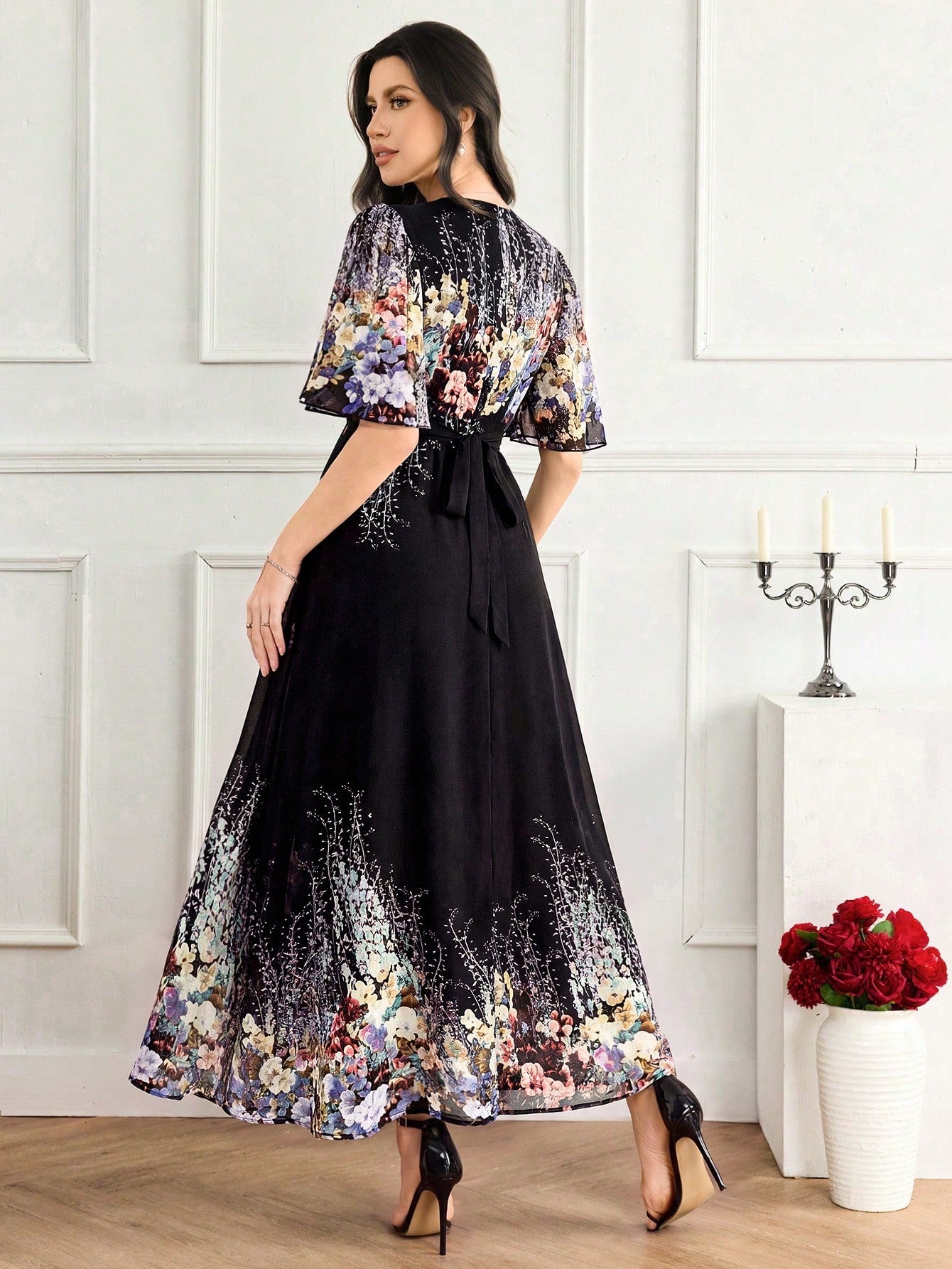 Feyla Women's Floral Print Ruffle Hem Dress With Short Sleeves, Elegant Romantic Wedding Vacation Black Floral Summer