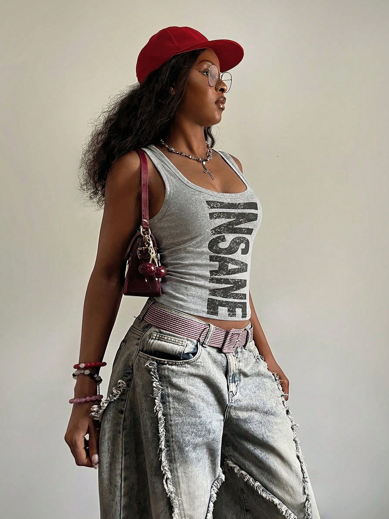 Fiercella Fiercella Women's U-Neck White Wasteland Style Printed Fitted Comfortable Streetwear Y2K Sexy Camisole Top, Spring/Summer