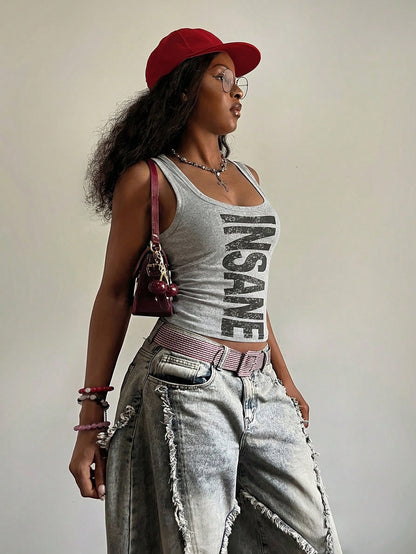 Fiercella Fiercella Women's U-Neck White Wasteland Style Printed Fitted Comfortable Streetwear Y2K Sexy Camisole Top, Spring/Summer