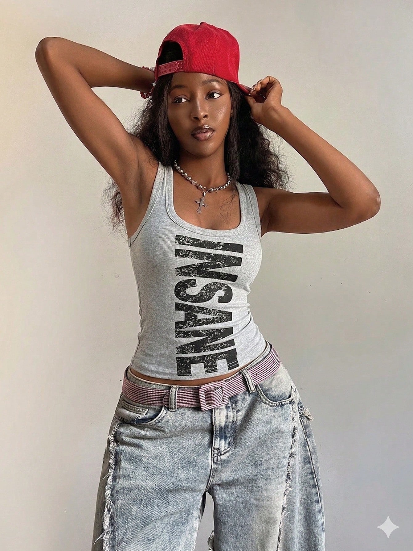 Fiercella Fiercella Women's U-Neck White Wasteland Style Printed Fitted Comfortable Streetwear Y2K Sexy Camisole Top, Spring/Summer
