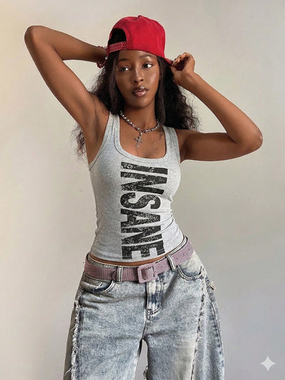 Fiercella Fiercella Women's U-Neck White Wasteland Style Printed Fitted Comfortable Streetwear Y2K Sexy Camisole Top, Spring/Summer