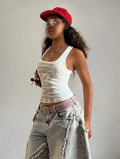 Fiercella Fiercella Women's U-Neck White Wasteland Style Printed Fitted Comfortable Streetwear Y2K Sexy Camisole Top, Spring/Summer