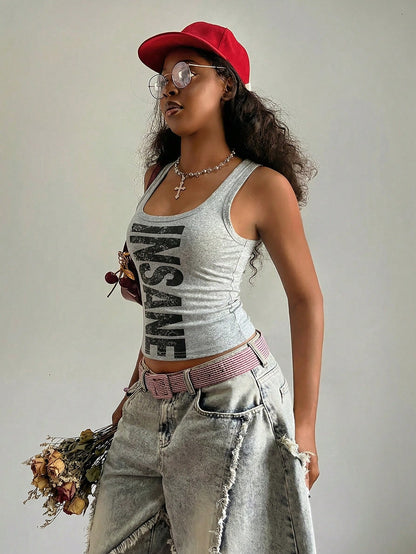 Fiercella Fiercella Women's U-Neck White Wasteland Style Printed Fitted Comfortable Streetwear Y2K Sexy Camisole Top, Spring/Summer