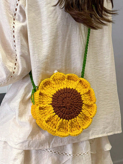 Finished Product: Double-Sided Sunflower Mini Crochet Handmade Knitting Sweet Cross-Body Knitted Bag Key Coin Purse, Exquisite Floral Bag For Women, Crochet, Yellow