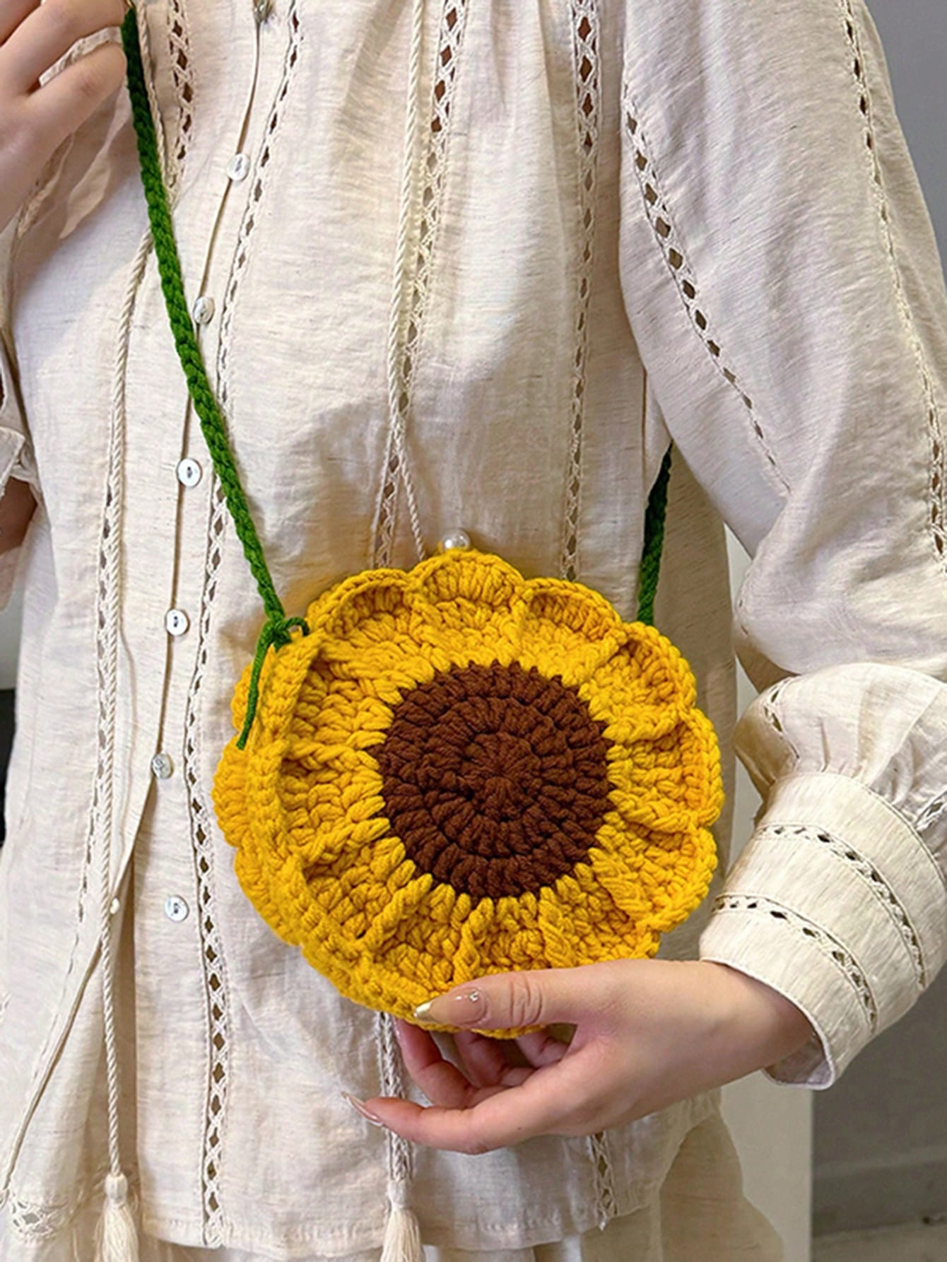 Finished Product: Double-Sided Sunflower Mini Crochet Handmade Knitting Sweet Cross-Body Knitted Bag Key Coin Purse, Exquisite Floral Bag For Women, Crochet, Yellow