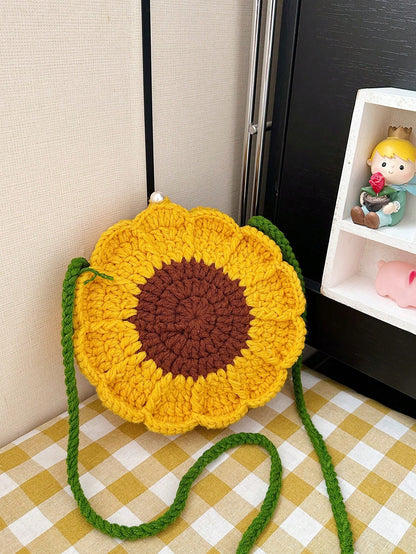 Finished Product: Double-Sided Sunflower Mini Crochet Handmade Knitting Sweet Cross-Body Knitted Bag Key Coin Purse, Exquisite Floral Bag For Women, Crochet, Yellow