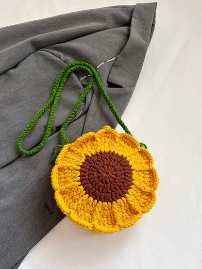 Finished Product: Double-Sided Sunflower Mini Crochet Handmade Knitting Sweet Cross-Body Knitted Bag Key Coin Purse, Exquisite Floral Bag For Women, Crochet, Yellow