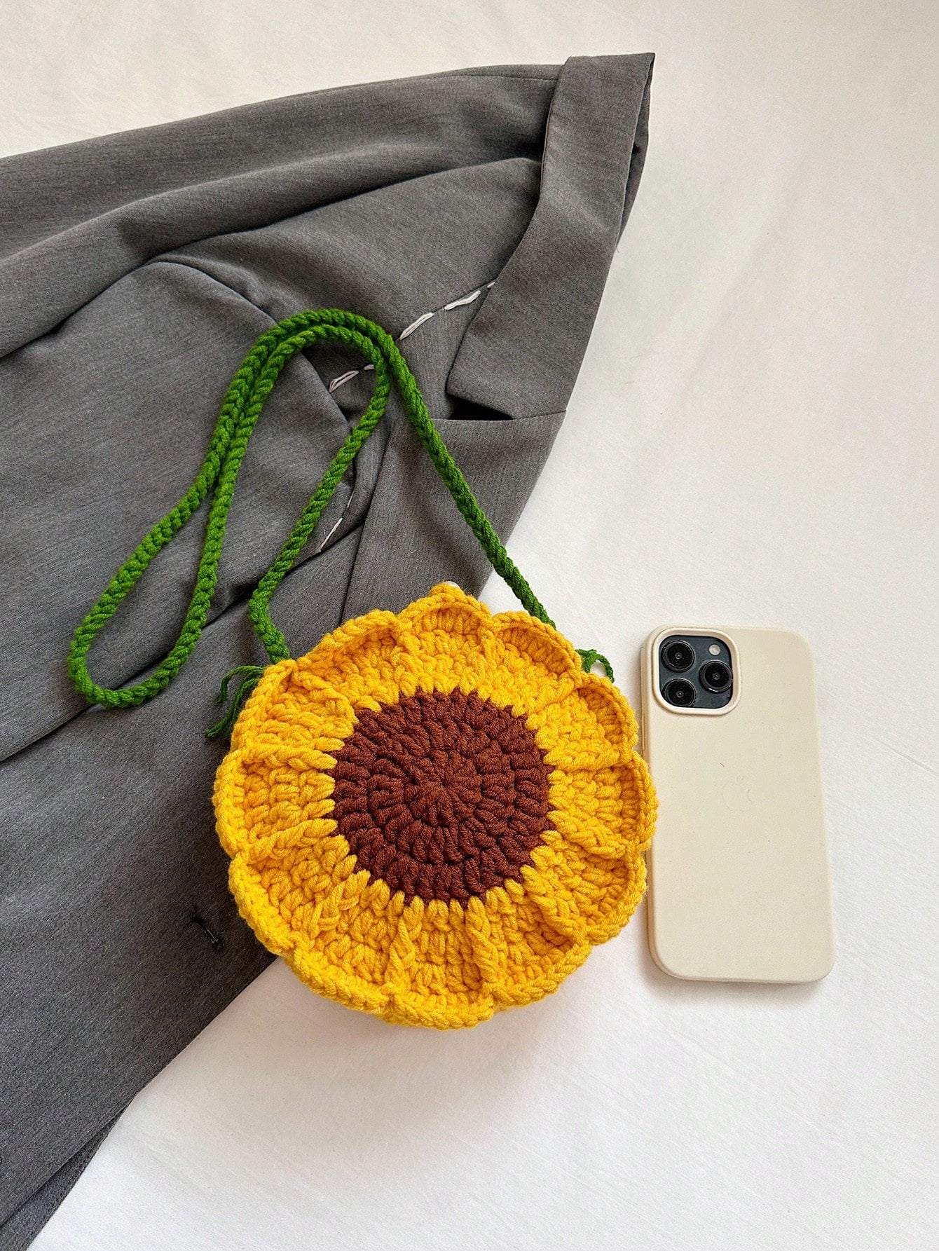 Finished Product: Double-Sided Sunflower Mini Crochet Handmade Knitting Sweet Cross-Body Knitted Bag Key Coin Purse, Exquisite Floral Bag For Women, Crochet, Yellow