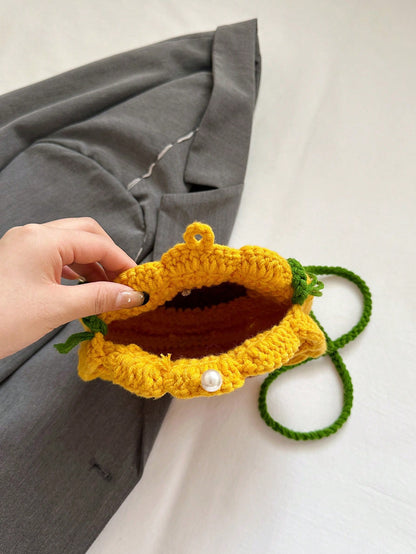 Finished Product: Double-Sided Sunflower Mini Crochet Handmade Knitting Sweet Cross-Body Knitted Bag Key Coin Purse, Exquisite Floral Bag For Women, Crochet, Yellow