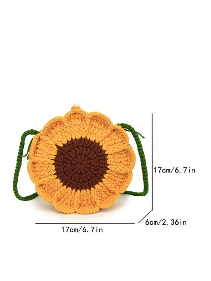 Finished Product: Double-Sided Sunflower Mini Crochet Handmade Knitting Sweet Cross-Body Knitted Bag Key Coin Purse, Exquisite Floral Bag For Women, Crochet, Yellow