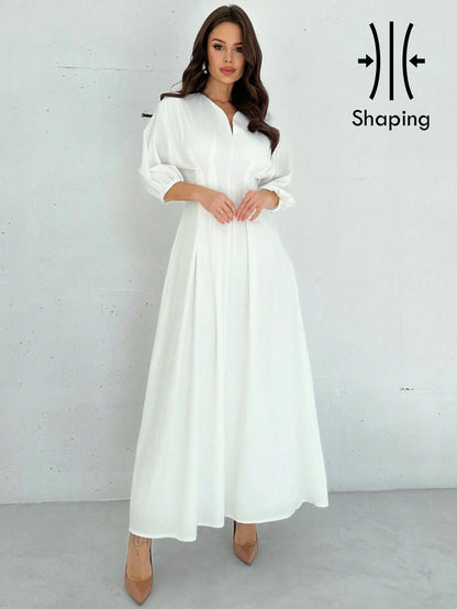 Firerie Elegant Modest White Cinched Waist V-Neck Lantern Sleeve Pleated A-Line Mid-Length Dress Summer Brunch Graduation For Women Wedding Guest Garden Party