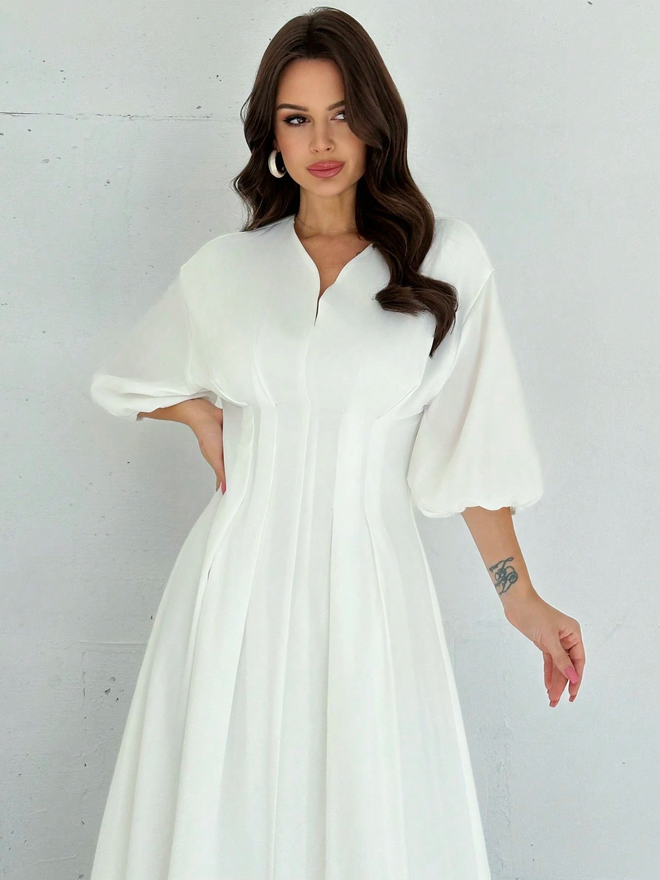 Firerie Elegant Modest White Cinched Waist V-Neck Lantern Sleeve Pleated A-Line Mid-Length Dress Summer Brunch Graduation For Women Wedding Guest Garden Party