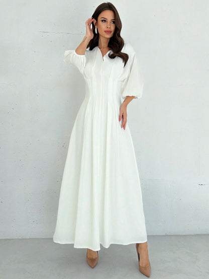 Firerie Elegant Modest White Cinched Waist V-Neck Lantern Sleeve Pleated A-Line Mid-Length Dress Summer Brunch Graduation For Women Wedding Guest Garden Party