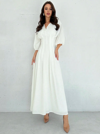 Firerie Elegant Modest White Cinched Waist V-Neck Lantern Sleeve Pleated A-Line Mid-Length Dress Summer Brunch Graduation For Women Wedding Guest Garden Party