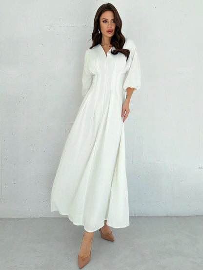Firerie Elegant Modest White Cinched Waist V-Neck Lantern Sleeve Pleated A-Line Mid-Length Dress Summer Brunch Graduation For Women Wedding Guest Garden Party