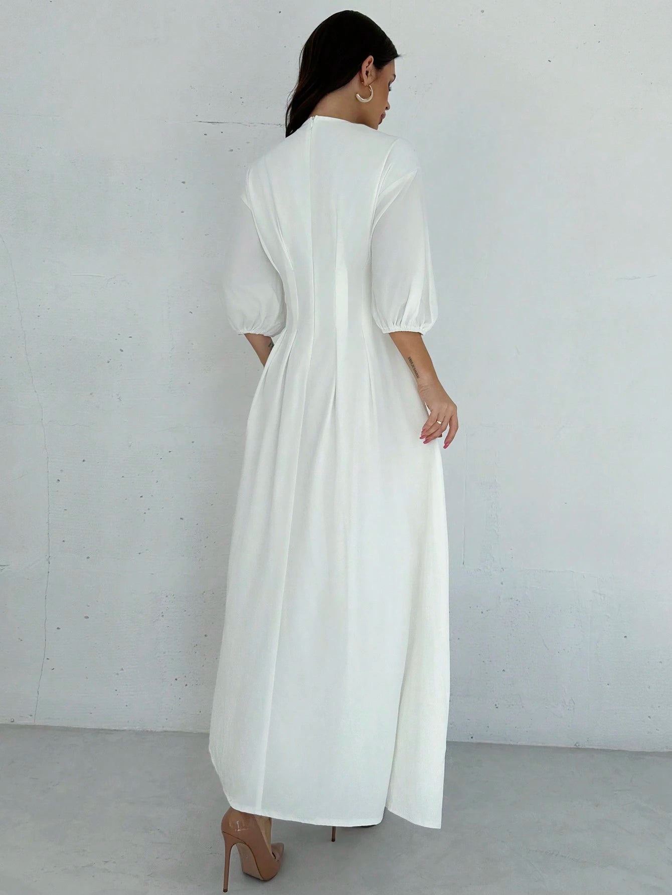Firerie Elegant Modest White Cinched Waist V-Neck Lantern Sleeve Pleated A-Line Mid-Length Dress Summer Brunch Graduation For Women Wedding Guest Garden Party
