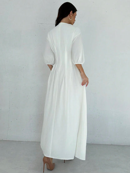 Firerie Elegant Modest White Cinched Waist V-Neck Lantern Sleeve Pleated A-Line Mid-Length Dress Summer Brunch Graduation For Women Wedding Guest Garden Party