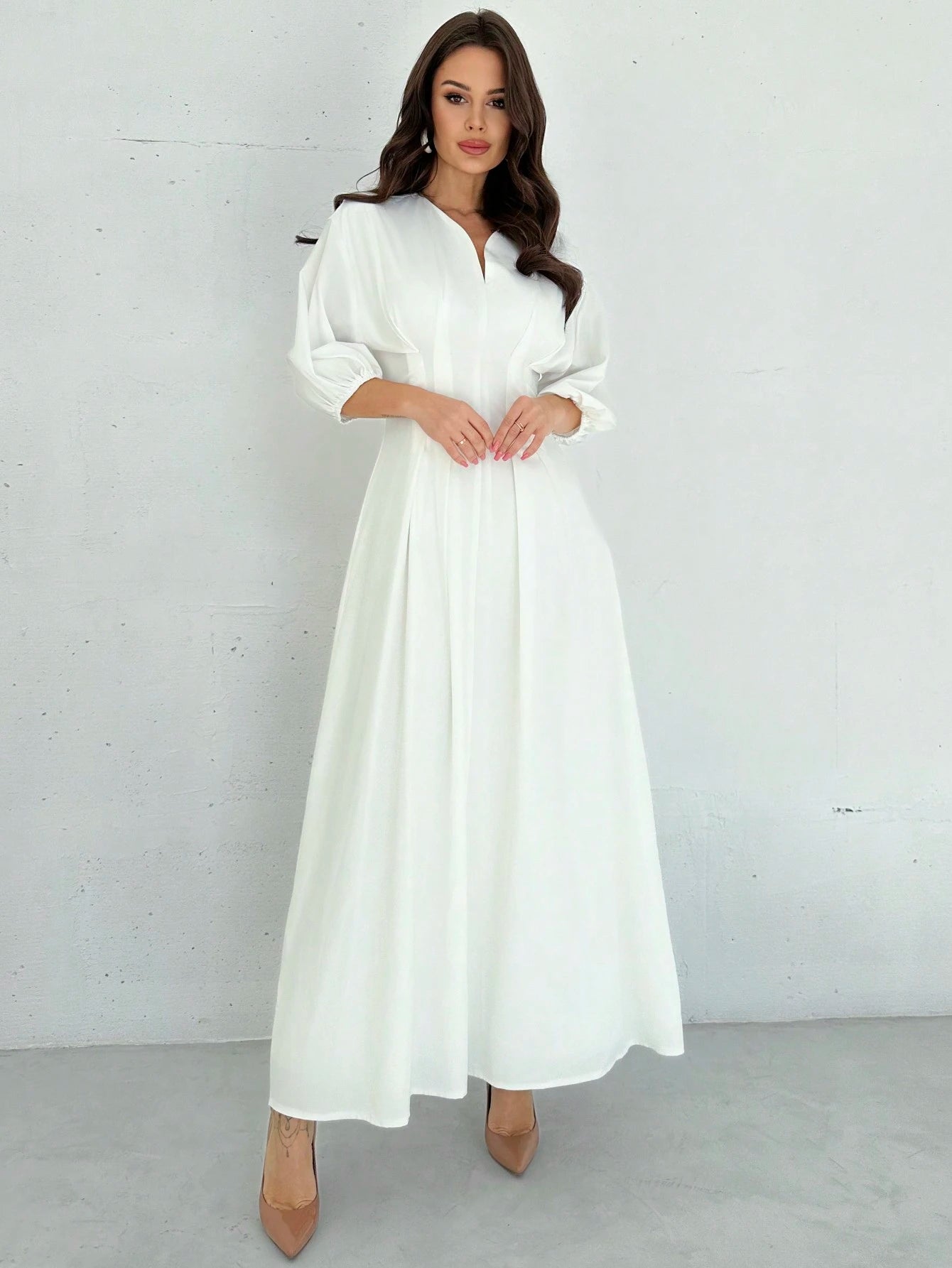 Firerie Elegant Modest White Cinched Waist V-Neck Lantern Sleeve Pleated A-Line Mid-Length Dress Summer Brunch Graduation For Women Wedding Guest Garden Party