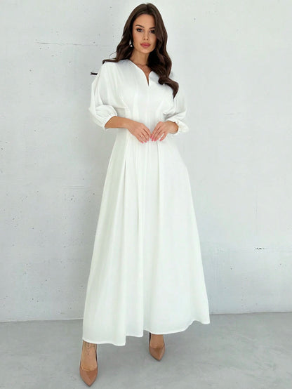 Firerie Elegant Modest White Cinched Waist V-Neck Lantern Sleeve Pleated A-Line Mid-Length Dress Summer Brunch Graduation For Women Wedding Guest Garden Party