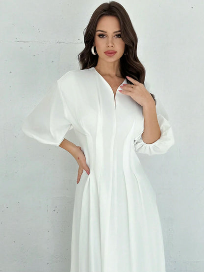 Firerie Elegant Modest White Cinched Waist V-Neck Lantern Sleeve Pleated A-Line Mid-Length Dress Summer Brunch Graduation For Women Wedding Guest Garden Party