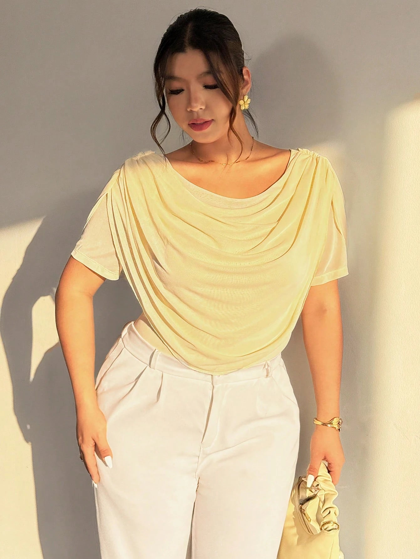 Firerie Plus Size Women Elegant Butter Yellow Summer Plunging Neck Long Sleeve Sheer Mesh Fitted Top, Mesh T-Shirt For Wedding Season, Prom, Dinner