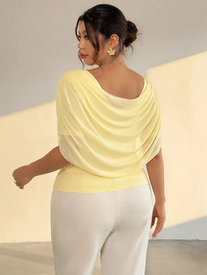 Firerie Plus Size Women Elegant Butter Yellow Summer Plunging Neck Long Sleeve Sheer Mesh Fitted Top, Mesh T-Shirt For Wedding Season, Prom, Dinner
